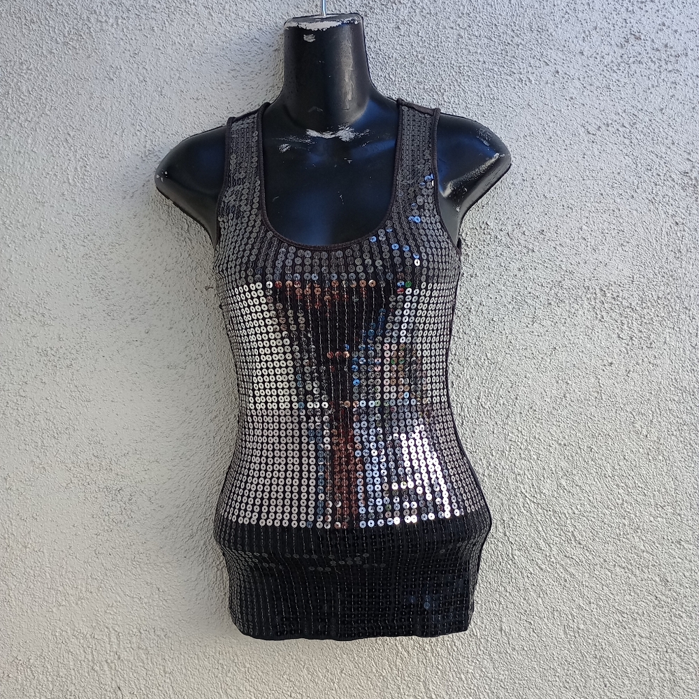 Love Rocks Black Sequin Tank Top Summer Casual Party 80's 90's Fun Cotton Small